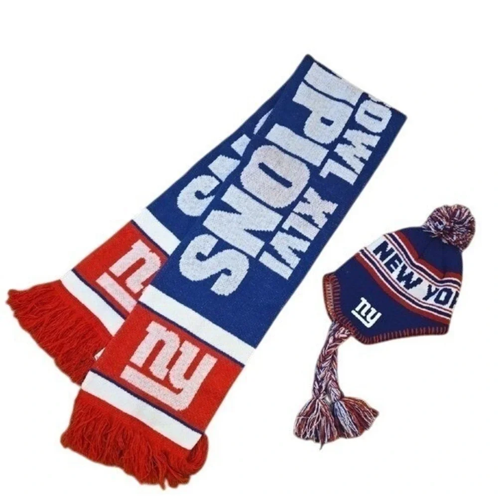 BUNDLE New York Giants Kid's Youth PomPom Winter Hat & Scarf Team Apparel Sports
